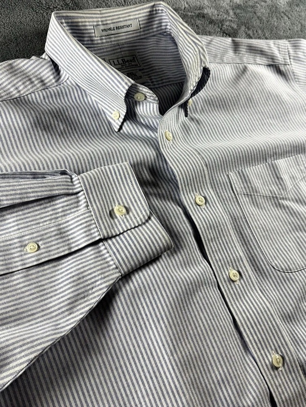 LL Bean Oxford Mens 16.5-33 Blue White Striped Button Down Shirt Wrinkle Free